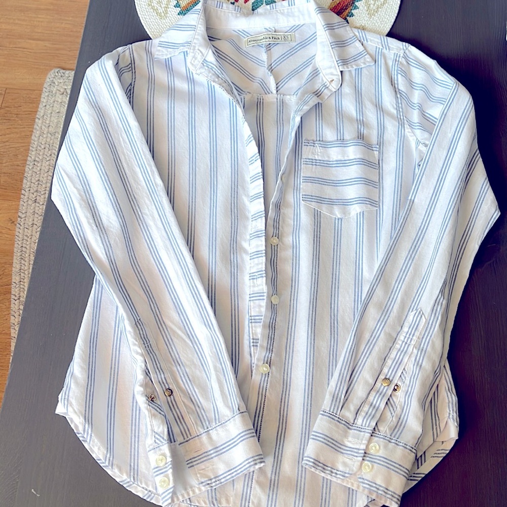 Abercrombie and Fitch Button Down Top in White with Blue Stripes